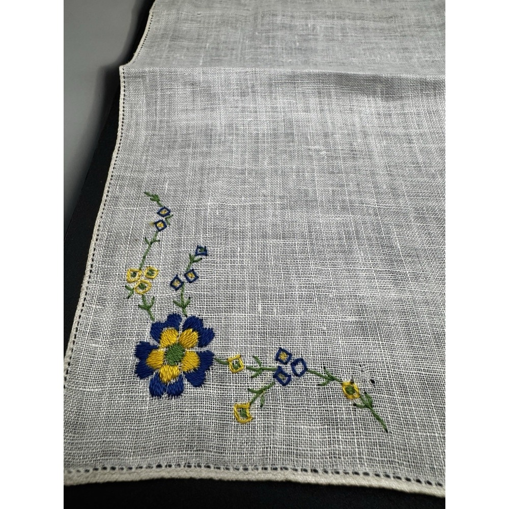 Vintage Blue And Yellow Flower‎ Embroidered Handkerchief